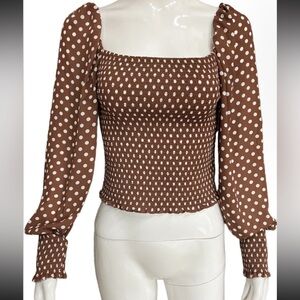 Gianni Bini $89 Angel Dot Puff Sleeve Cropped Brown Plaid Blouse Size S New NWT